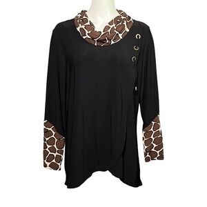 Ali Miles Slinky Black Tunic Top Size Large Brown Beige Trim Cowl Neck Lagenlook